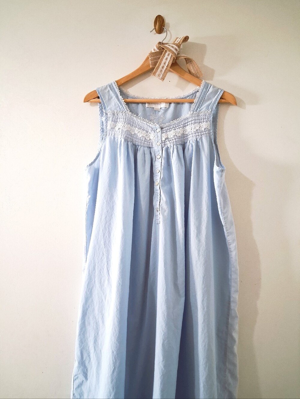 Eileen West Bluebird Pale Sleeveless Lace Trim Button Front Cotton Nightgown